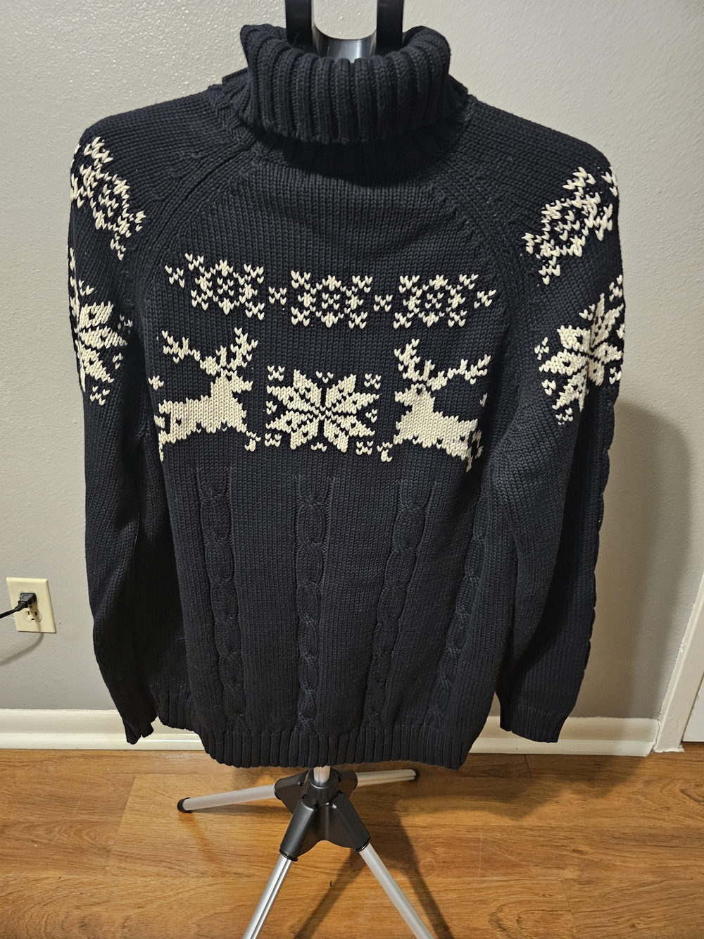 Women's Navy Turtleneck Cable-Knit Sweater with White Reindeer Pattern - Picture 2 of 4